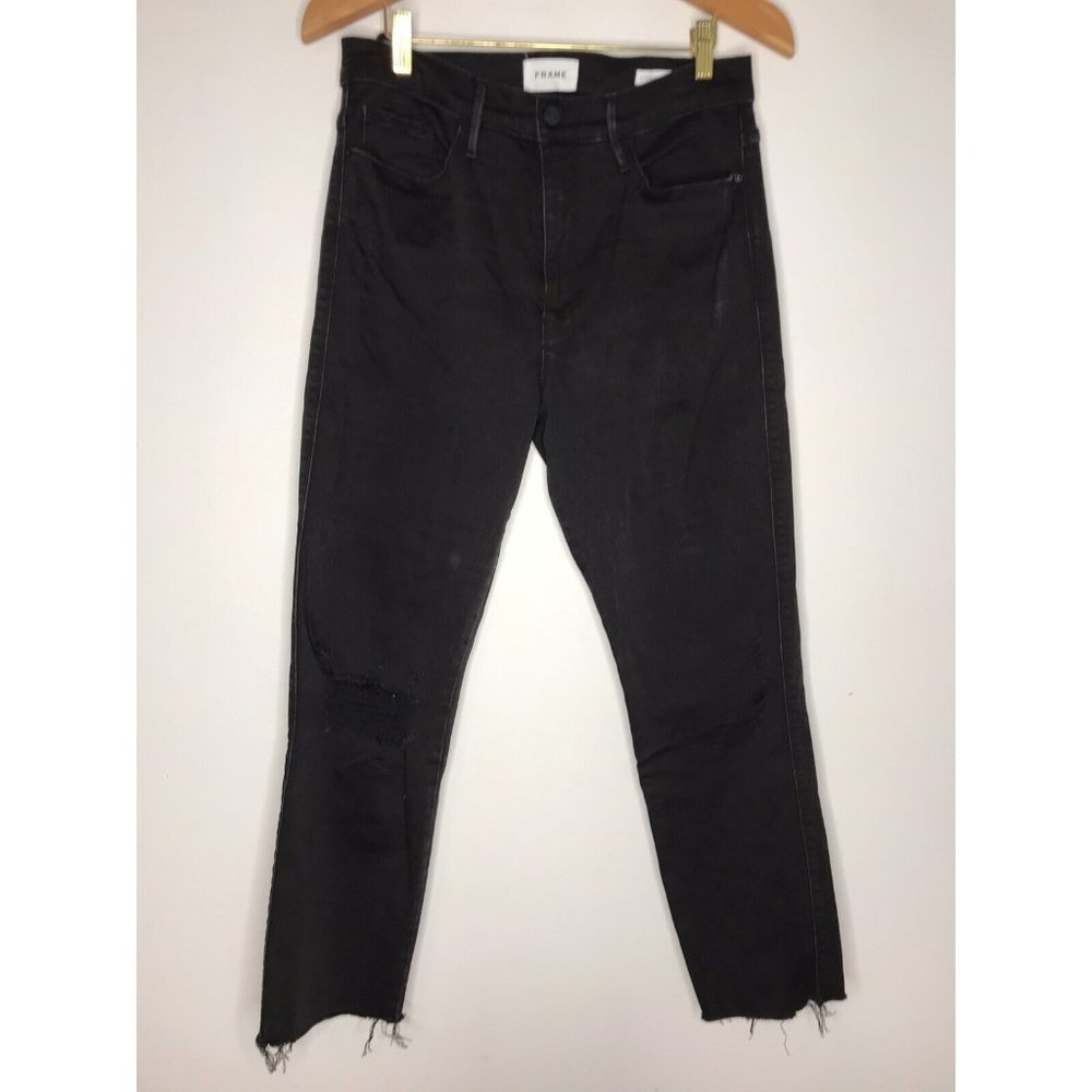 Frame 31 Le Sylvie Slender Straight Blackfish Rips Black Distressed Jeans